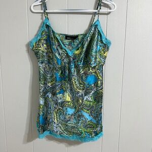 MIXIT Woman 2X‎ Paisley Cami Top Blue Green Lace Trim Sleeveless Y2K
